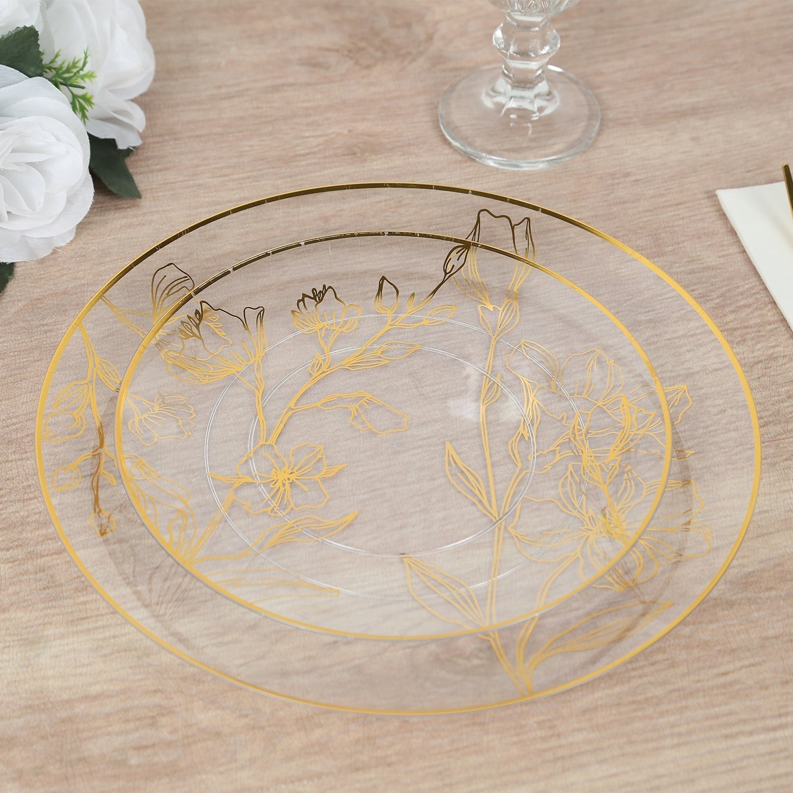 Set of 20 Plastic Round Dinner and Dessert Plates in Clear with Metallic Gold Floral Design - Stylish Disposable Dinnerware 8", 10" - Bell Racket Store