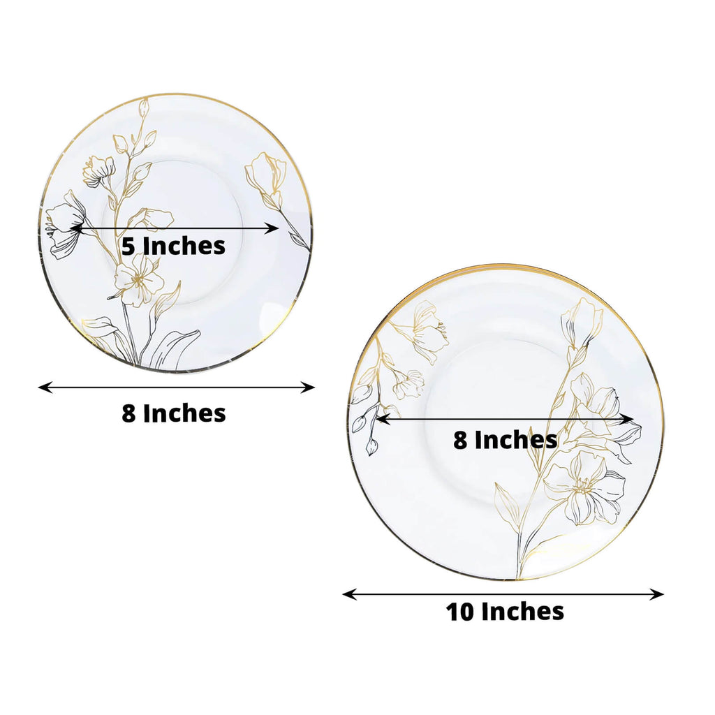 Set of 20 Plastic Round Dinner and Dessert Plates in Clear with Metallic Gold Floral Design - Stylish Disposable Dinnerware 8", 10" - Bell Racket Store