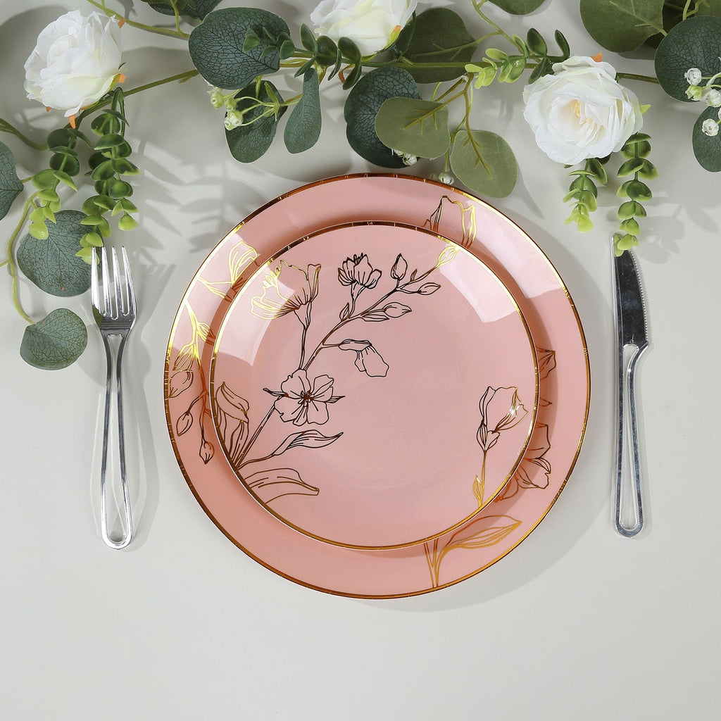 Set of 20 Plastic Round Dinner and Dessert Plates in Dusty Rose with Metallic Gold Floral Design - Stylish Disposable Dinnerware 8", 10" - Bell Racket Store