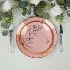 Set of 20 Plastic Round Dinner and Dessert Plates in Dusty Rose with Metallic Gold Floral Design - Stylish Disposable Dinnerware 8", 10" - Bell Racket Store