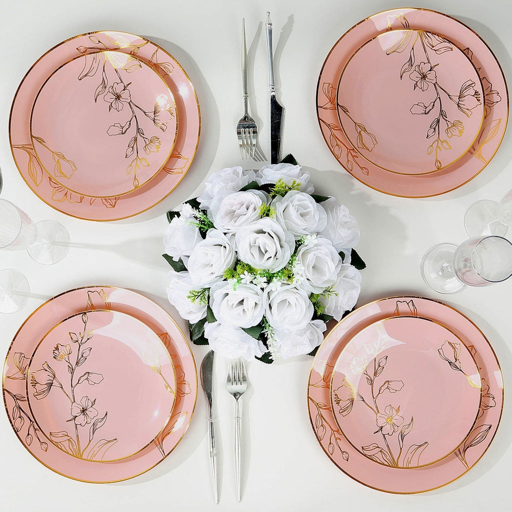 Set of 20 Plastic Round Dinner and Dessert Plates in Dusty Rose with Metallic Gold Floral Design - Stylish Disposable Dinnerware 8", 10" - Bell Racket Store