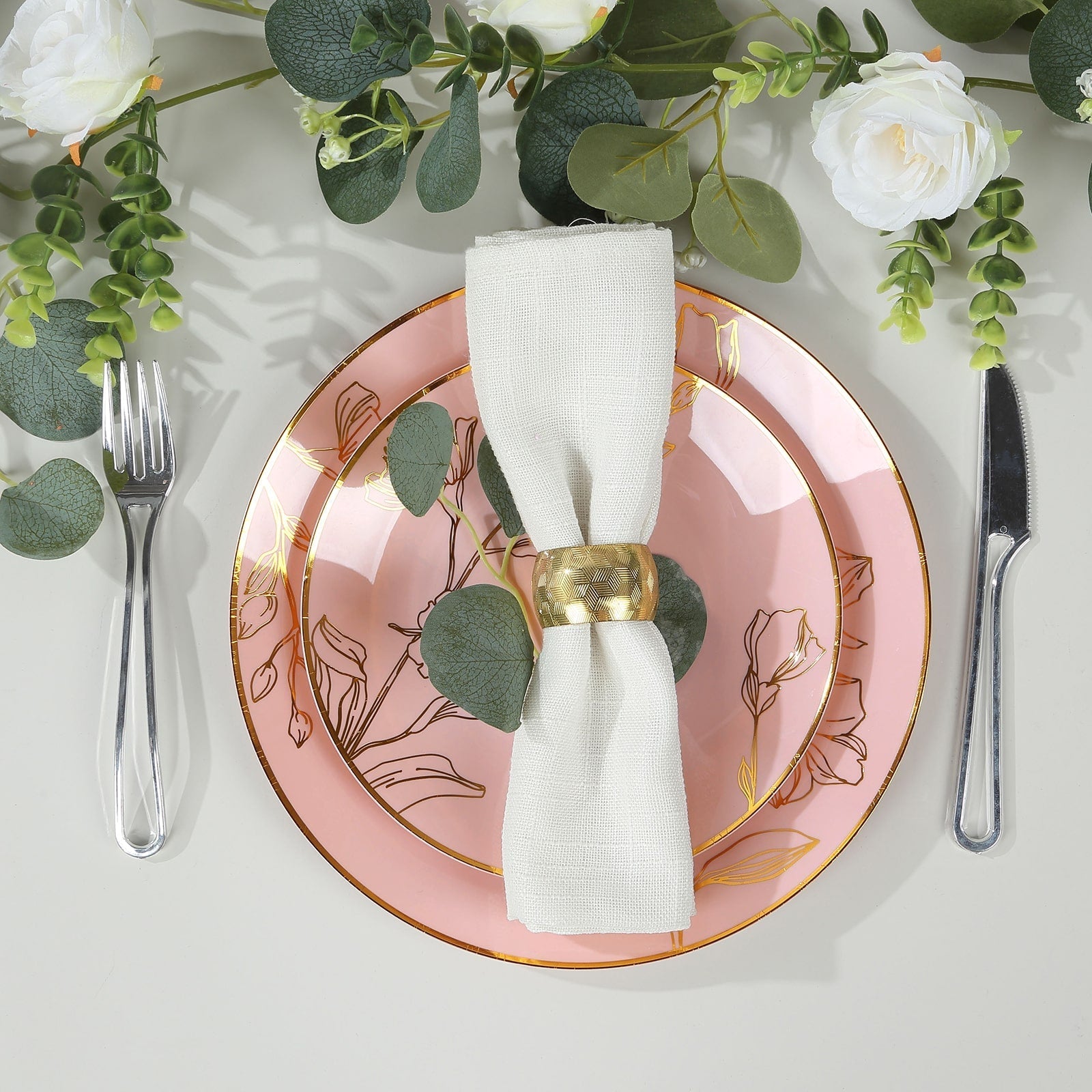 Set of 20 Plastic Round Dinner and Dessert Plates in Dusty Rose with Metallic Gold Floral Design - Stylish Disposable Dinnerware 8", 10" - Bell Racket Store