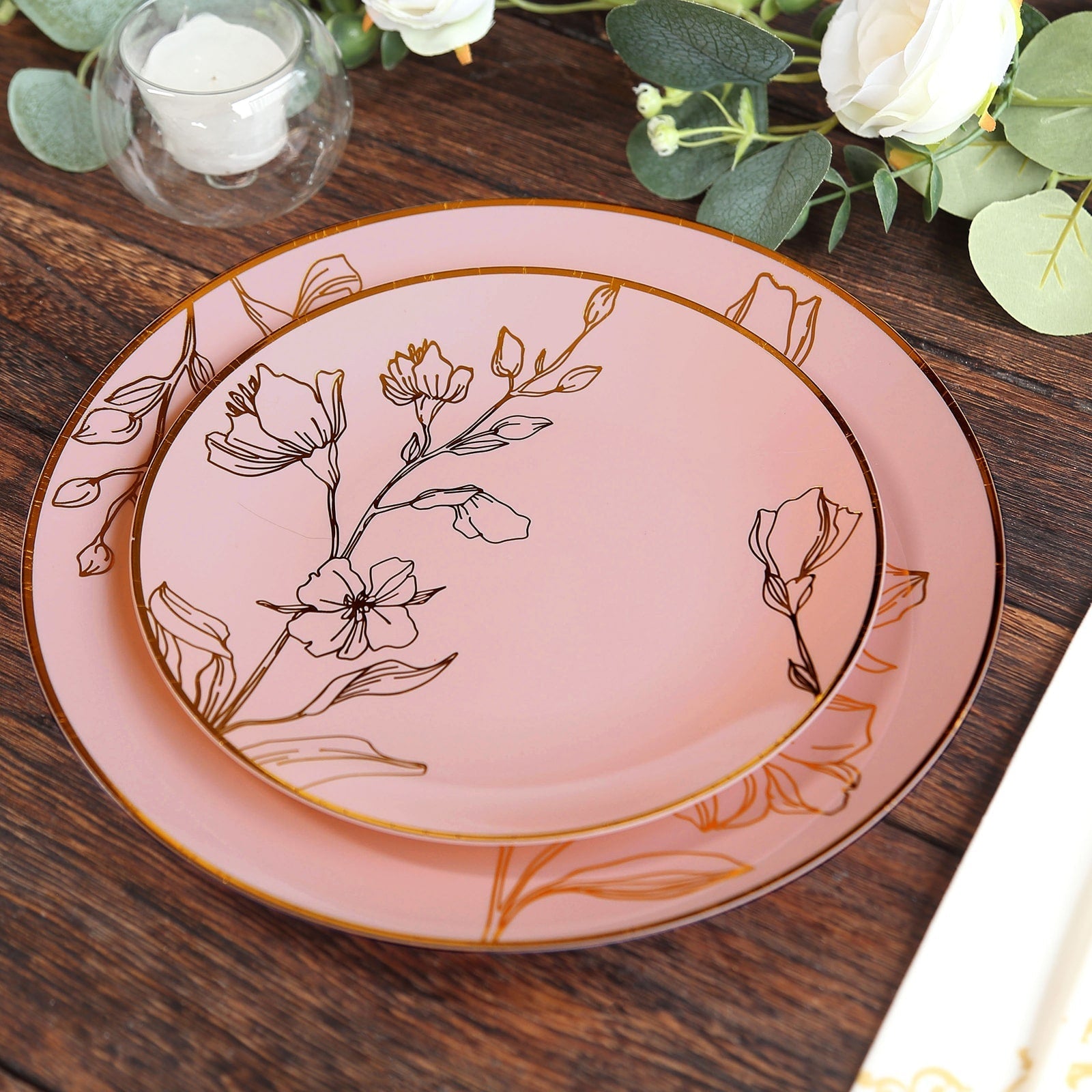 Set of 20 Plastic Round Dinner and Dessert Plates in Dusty Rose with Metallic Gold Floral Design - Stylish Disposable Dinnerware 8", 10" - Bell Racket Store