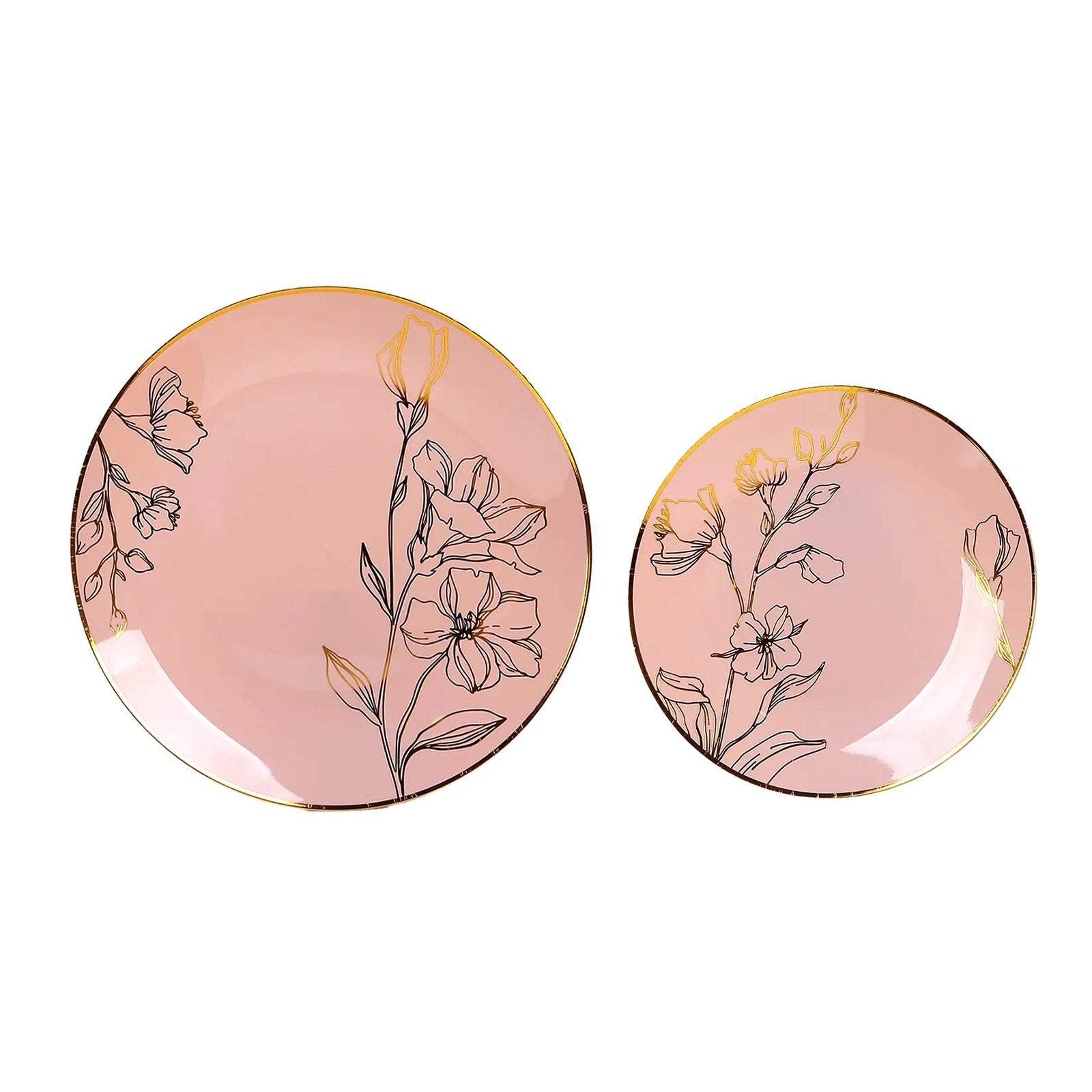 Set of 20 Plastic Round Dinner and Dessert Plates in Dusty Rose with Metallic Gold Floral Design - Stylish Disposable Dinnerware 8", 10" - Bell Racket Store