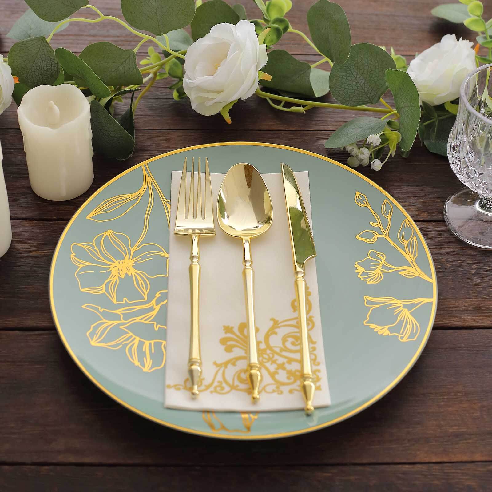 Set of 20 Plastic Round Dinner and Dessert Plates in Dusty Sage Green with Metallic Gold Floral Design - Stylish Disposable Dinnerware 8", 10" - Bell Racket Store