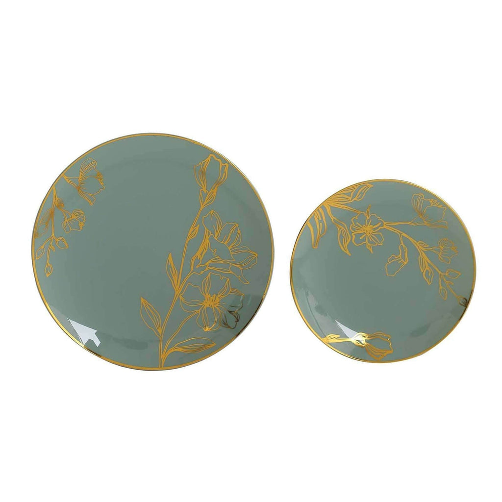 Set of 20 Plastic Round Dinner and Dessert Plates in Dusty Sage Green with Metallic Gold Floral Design - Stylish Disposable Dinnerware 8", 10" - Bell Racket Store