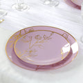 Set of 20 Plastic Round Dinner and Dessert Plates in Lavender Lilac with Metallic Gold Floral Design - Stylish Disposable Dinnerware 8", 10" - Bell Racket Store