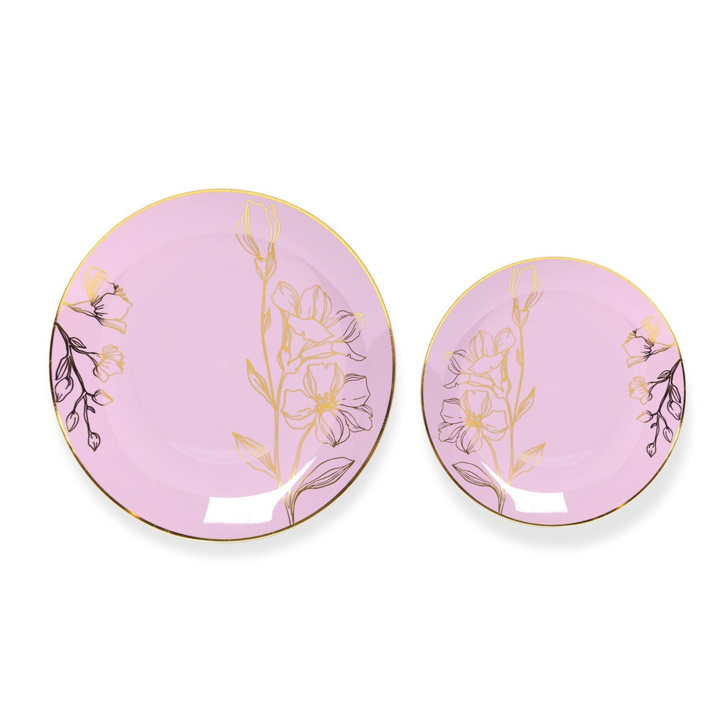Set of 20 Plastic Round Dinner and Dessert Plates in Lavender Lilac with Metallic Gold Floral Design - Stylish Disposable Dinnerware 8", 10" - Bell Racket Store
