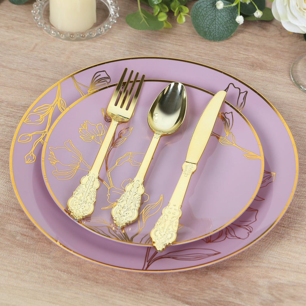 Set of 20 Plastic Round Dinner and Dessert Plates in Lavender Lilac with Metallic Gold Floral Design - Stylish Disposable Dinnerware 8", 10" - Bell Racket Store