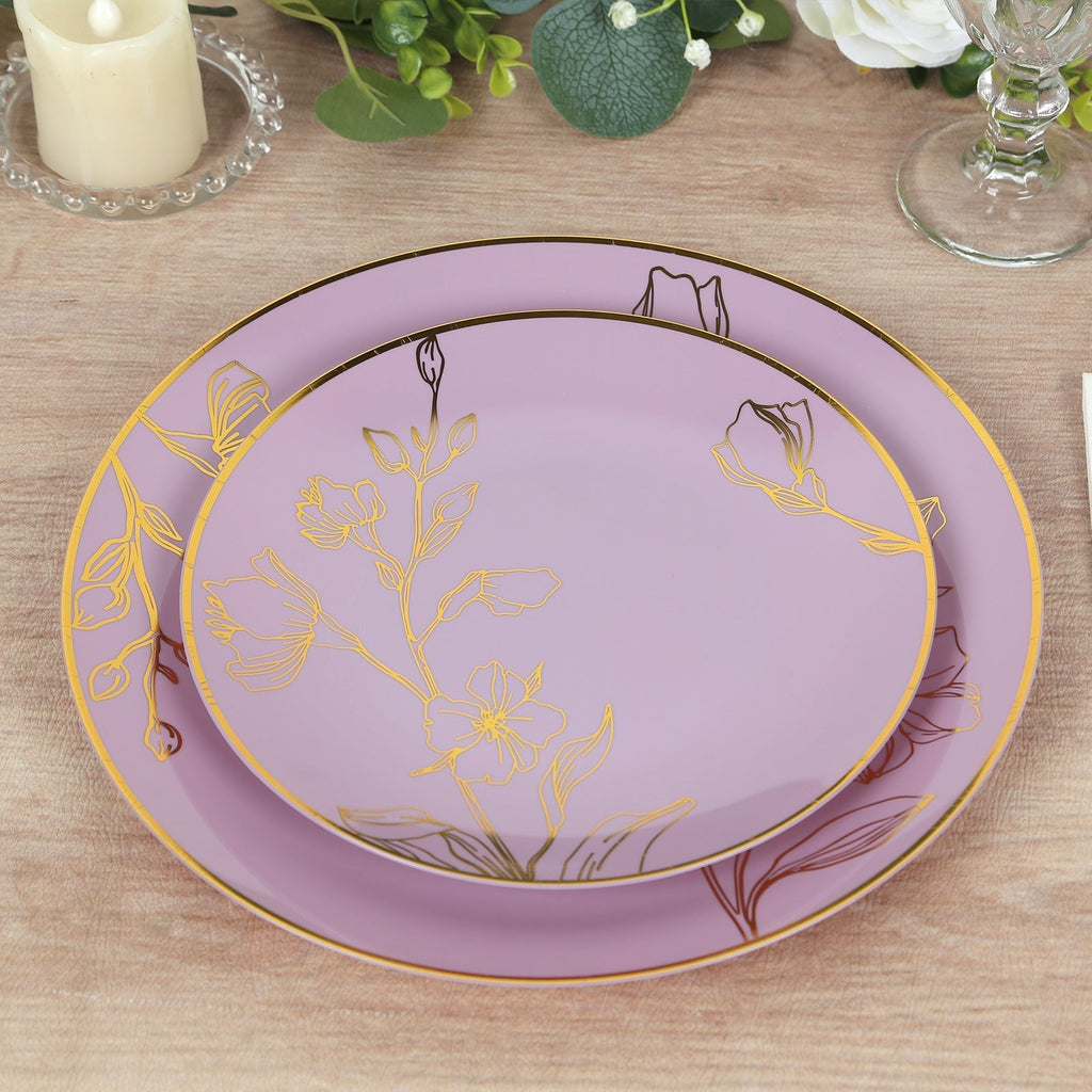Set of 20 Plastic Round Dinner and Dessert Plates in Lavender Lilac with Metallic Gold Floral Design - Stylish Disposable Dinnerware 8", 10" - Bell Racket Store