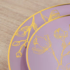 Set of 20 Plastic Round Dinner and Dessert Plates in Lavender Lilac with Metallic Gold Floral Design - Stylish Disposable Dinnerware 8", 10" - Bell Racket Store