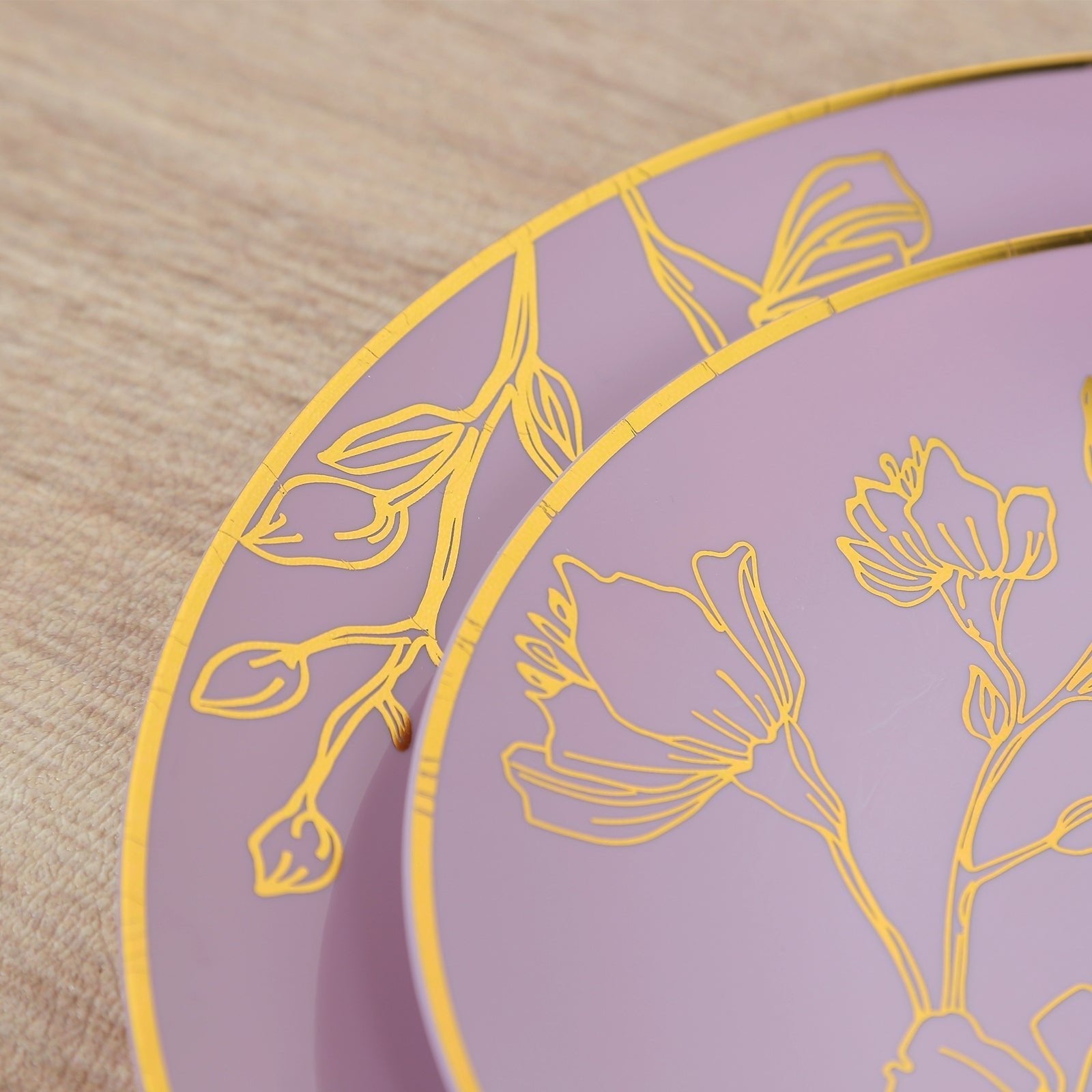 Set of 20 Plastic Round Dinner and Dessert Plates in Lavender Lilac with Metallic Gold Floral Design - Stylish Disposable Dinnerware 8", 10" - Bell Racket Store