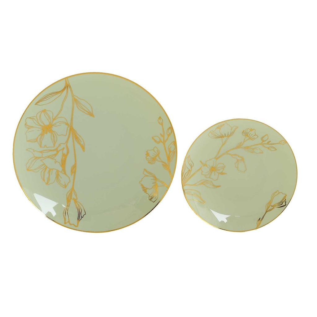 Set of 20 Plastic Round Dinner and Dessert Plates in Sage Green with Metallic Gold Floral Design - Stylish Disposable Dinnerware 8", 10" - Bell Racket Store