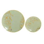 Set of 20 Plastic Round Dinner and Dessert Plates in Sage Green with Metallic Gold Floral Design - Stylish Disposable Dinnerware 8", 10" - Bell Racket Store