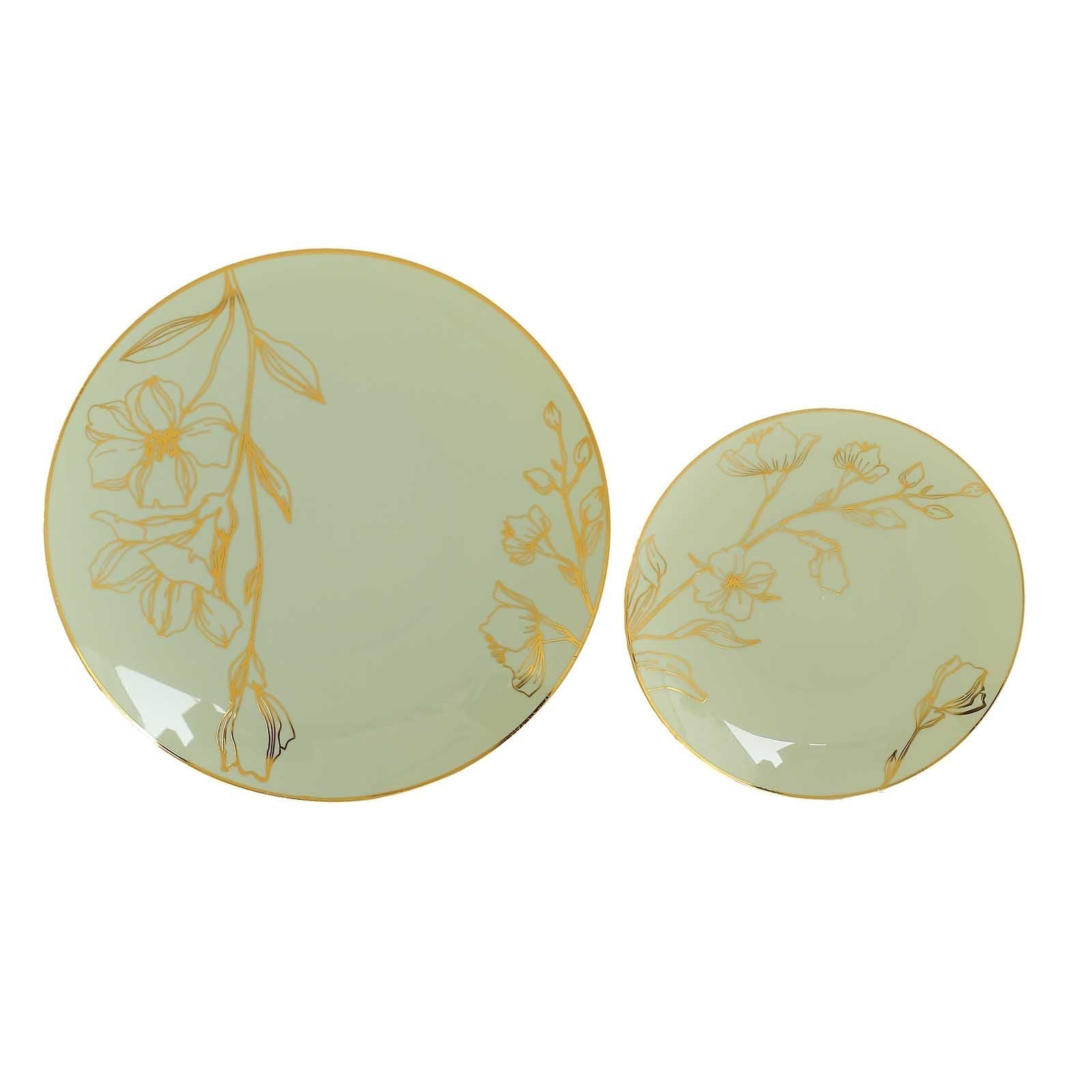 Set of 20 Plastic Round Dinner and Dessert Plates in Sage Green with Metallic Gold Floral Design - Stylish Disposable Dinnerware 8", 10" - Bell Racket Store