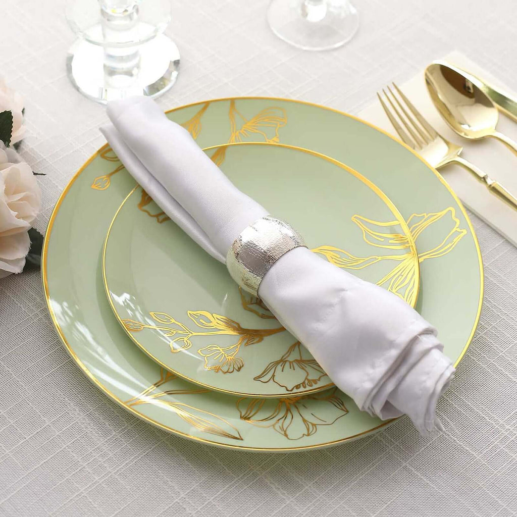 Set of 20 Plastic Round Dinner and Dessert Plates in Sage Green with Metallic Gold Floral Design - Stylish Disposable Dinnerware 8", 10" - Bell Racket Store