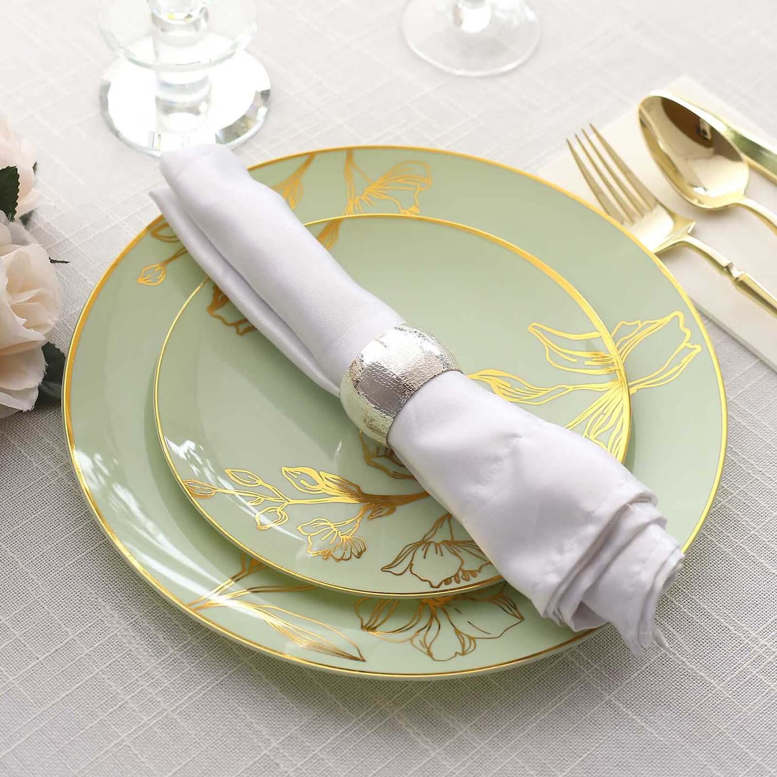 Set of 20 Plastic Round Dinner and Dessert Plates in Sage Green with Metallic Gold Floral Design - Stylish Disposable Dinnerware 8", 10" - Bell Racket Store
