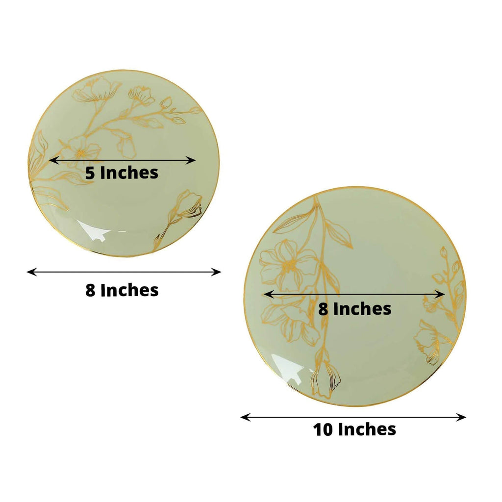 Set of 20 Plastic Round Dinner and Dessert Plates in Sage Green with Metallic Gold Floral Design - Stylish Disposable Dinnerware 8", 10" - Bell Racket Store