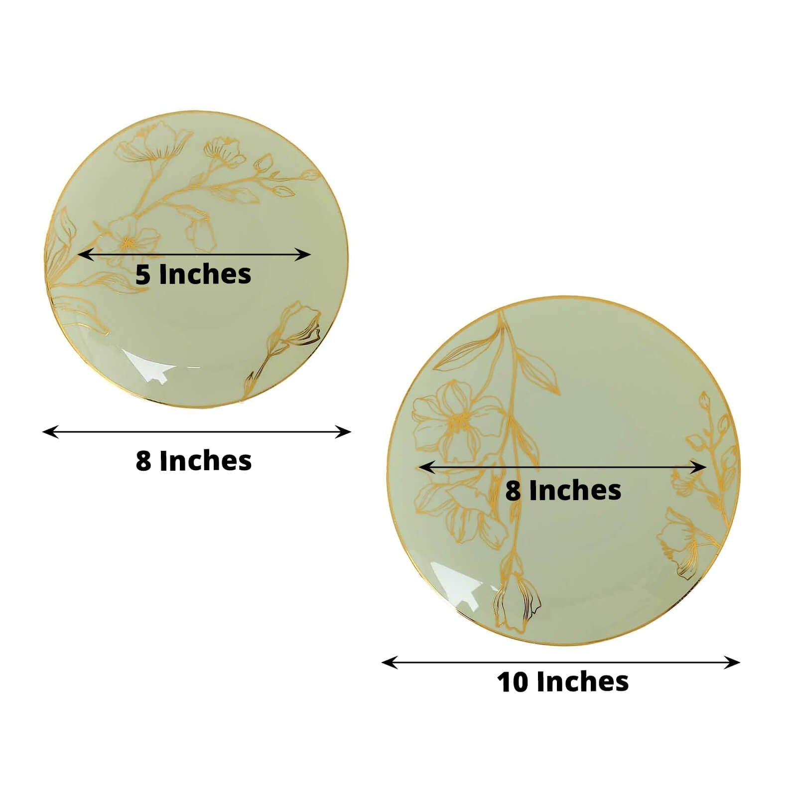 Set of 20 Plastic Round Dinner and Dessert Plates in Sage Green with Metallic Gold Floral Design - Stylish Disposable Dinnerware 8", 10" - Bell Racket Store