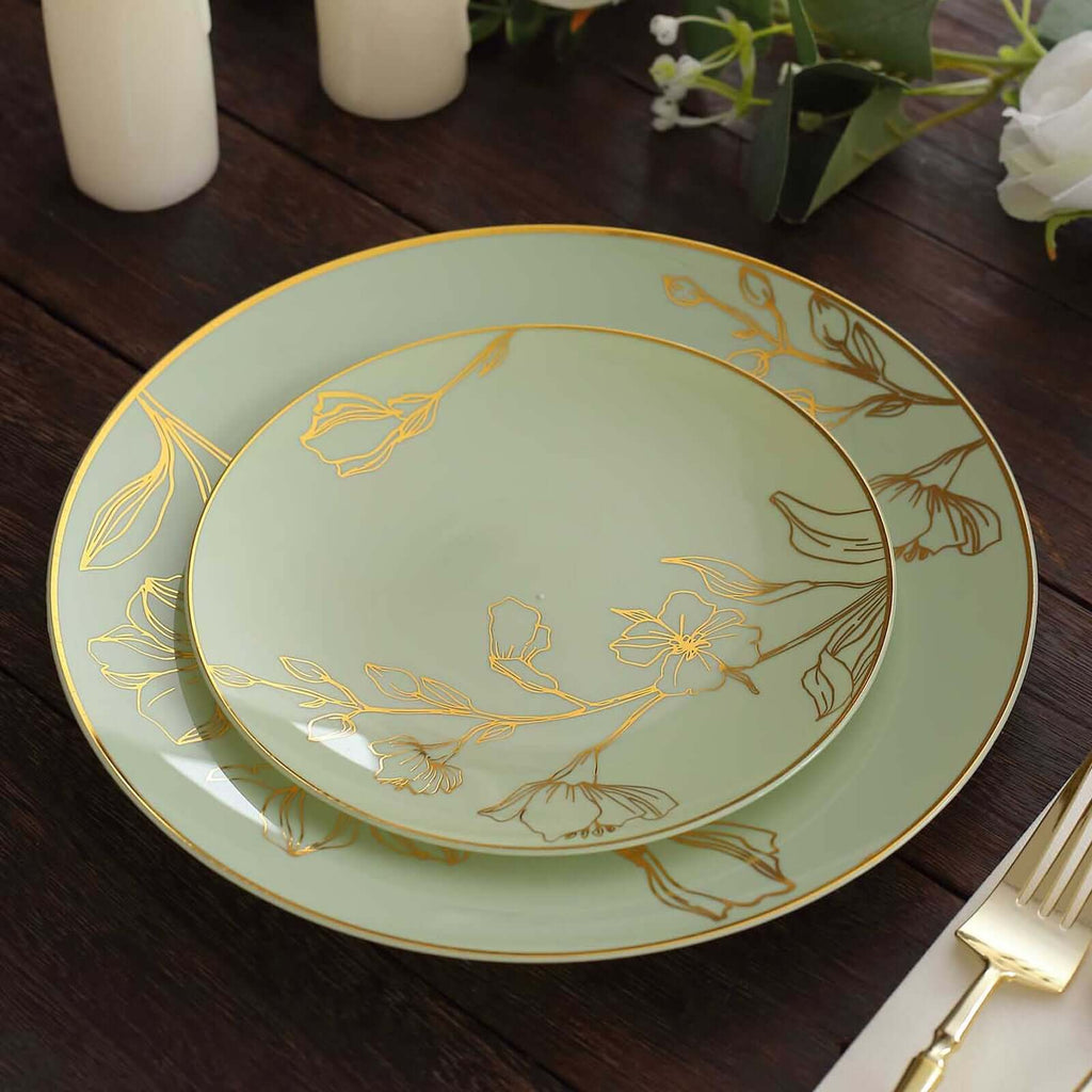 Set of 20 Plastic Round Dinner and Dessert Plates in Sage Green with Metallic Gold Floral Design - Stylish Disposable Dinnerware 8", 10" - Bell Racket Store