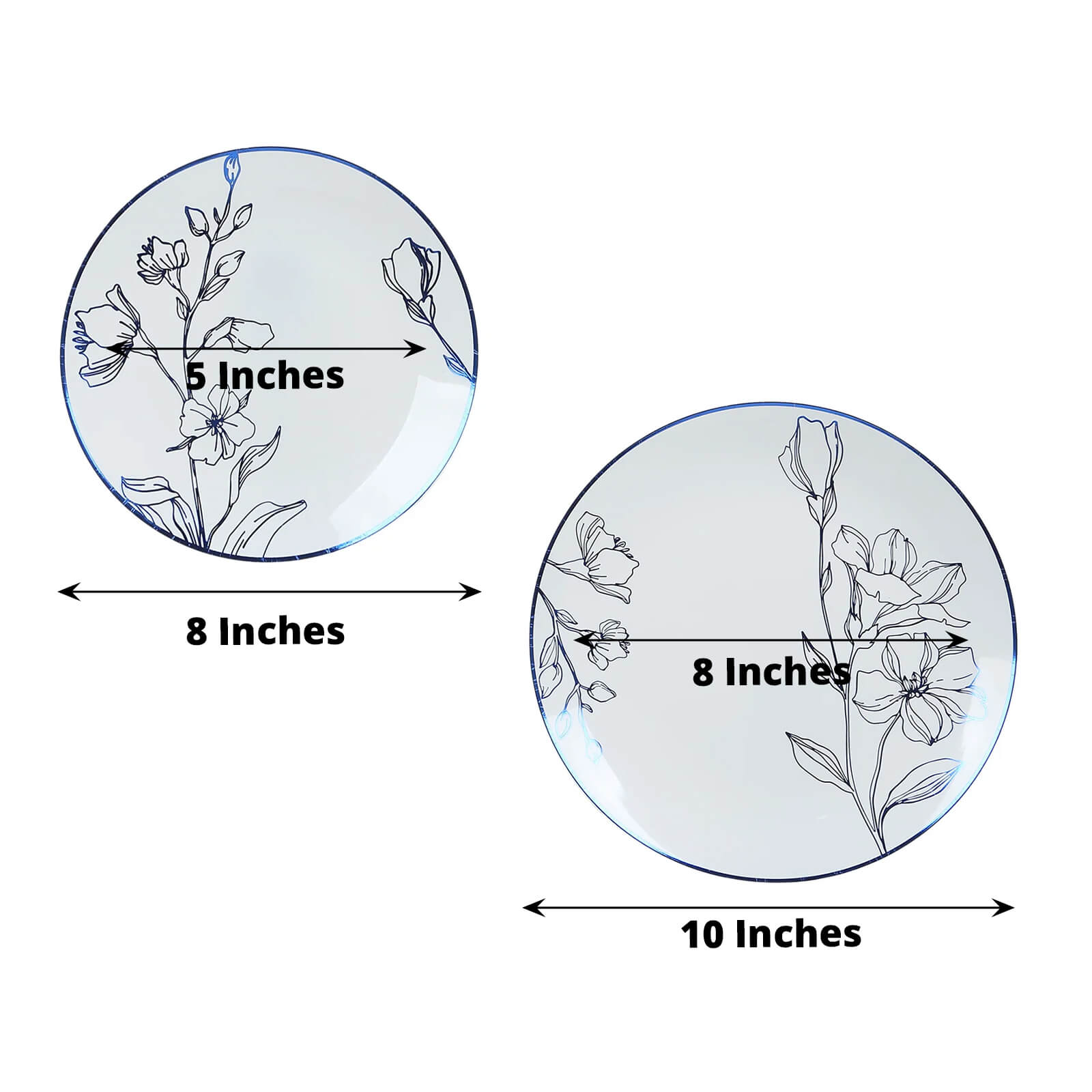 Set of 20 Plastic Round Dinner and Dessert Plates in White with Metallic Blue Floral Design - Stylish Disposable Dinnerware 8", 10" - Bell Racket Store