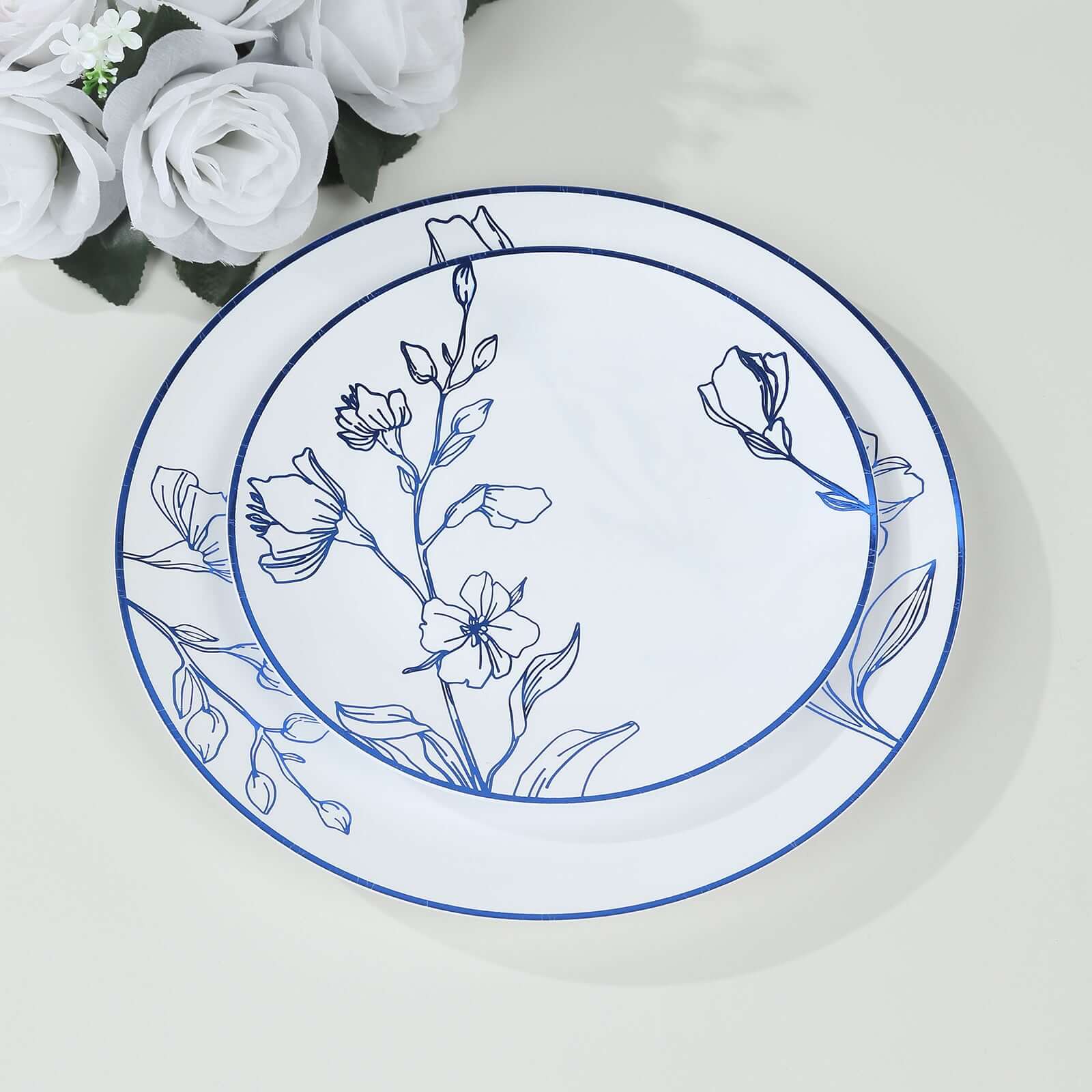 Set of 20 Plastic Round Dinner and Dessert Plates in White with Metallic Blue Floral Design - Stylish Disposable Dinnerware 8", 10" - Bell Racket Store