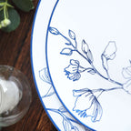 Set of 20 Plastic Round Dinner and Dessert Plates in White with Metallic Blue Floral Design - Stylish Disposable Dinnerware 8", 10" - Bell Racket Store