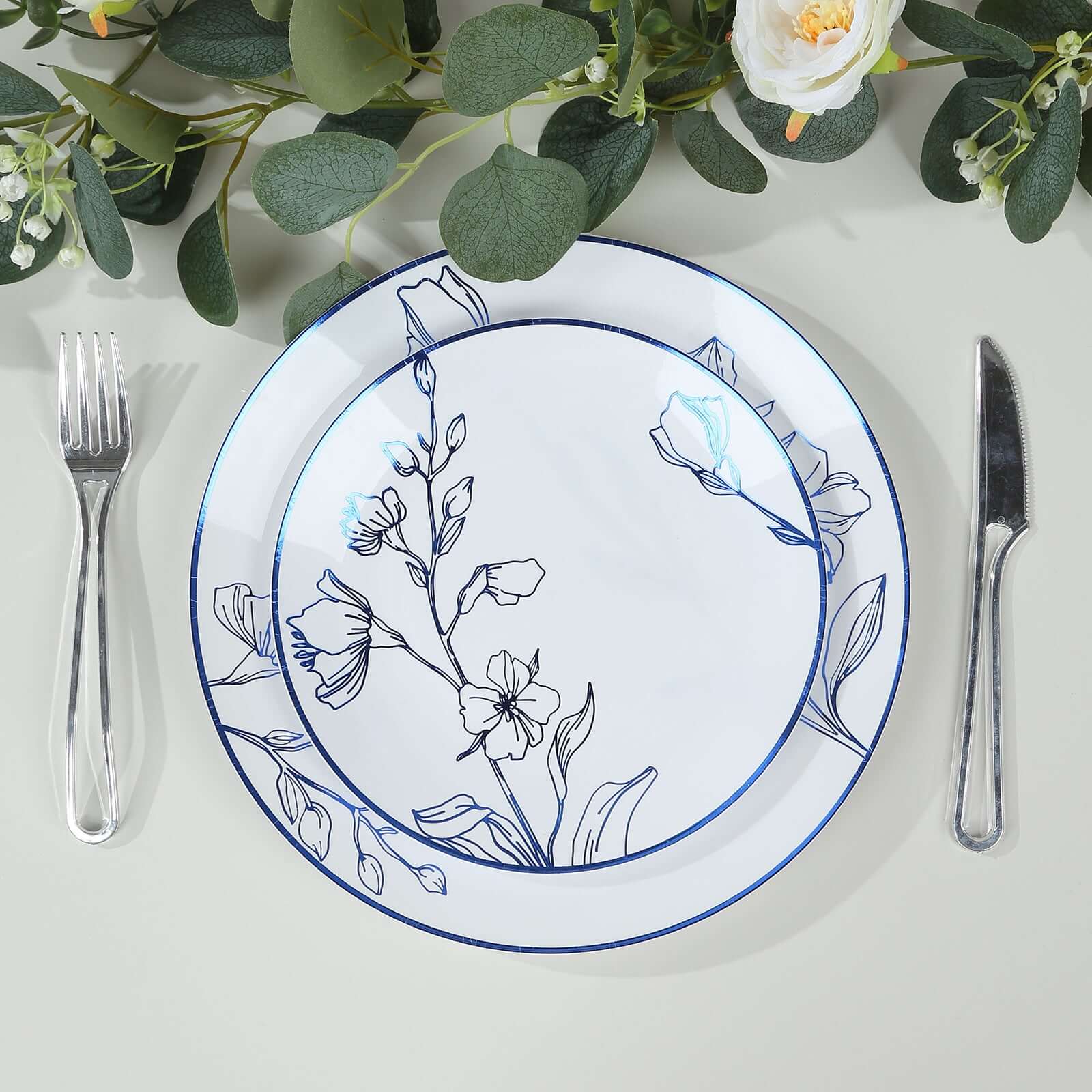 Set of 20 Plastic Round Dinner and Dessert Plates in White with Metallic Blue Floral Design - Stylish Disposable Dinnerware 8", 10" - Bell Racket Store