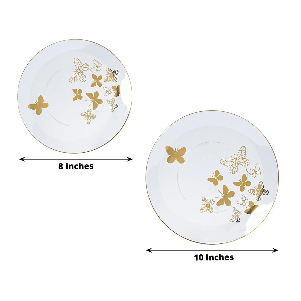 Set of 20 Plastic Round Dinner and Salad Plates in Clear with Gold Butterfly Design & Gold Rim - Stylish Disposable Dinnerware 8", 10" - Bell Racket Store