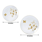 Set of 20 Plastic Round Dinner and Salad Plates in Clear with Gold Butterfly Design & Gold Rim - Stylish Disposable Dinnerware 8", 10" - Bell Racket Store