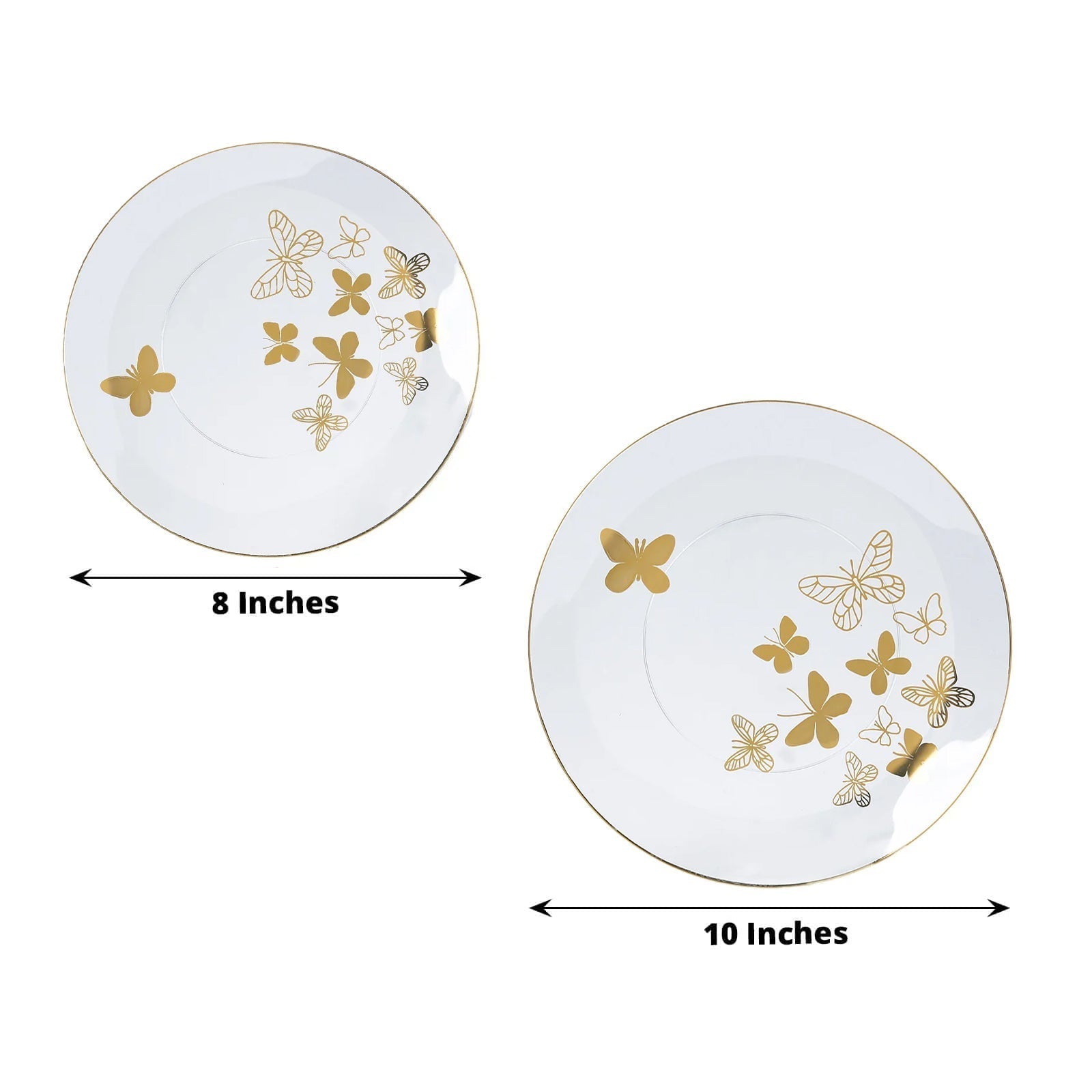 Set of 20 Plastic Round Dinner and Salad Plates in Clear with Gold Butterfly Design & Gold Rim - Stylish Disposable Dinnerware 8", 10" - Bell Racket Store