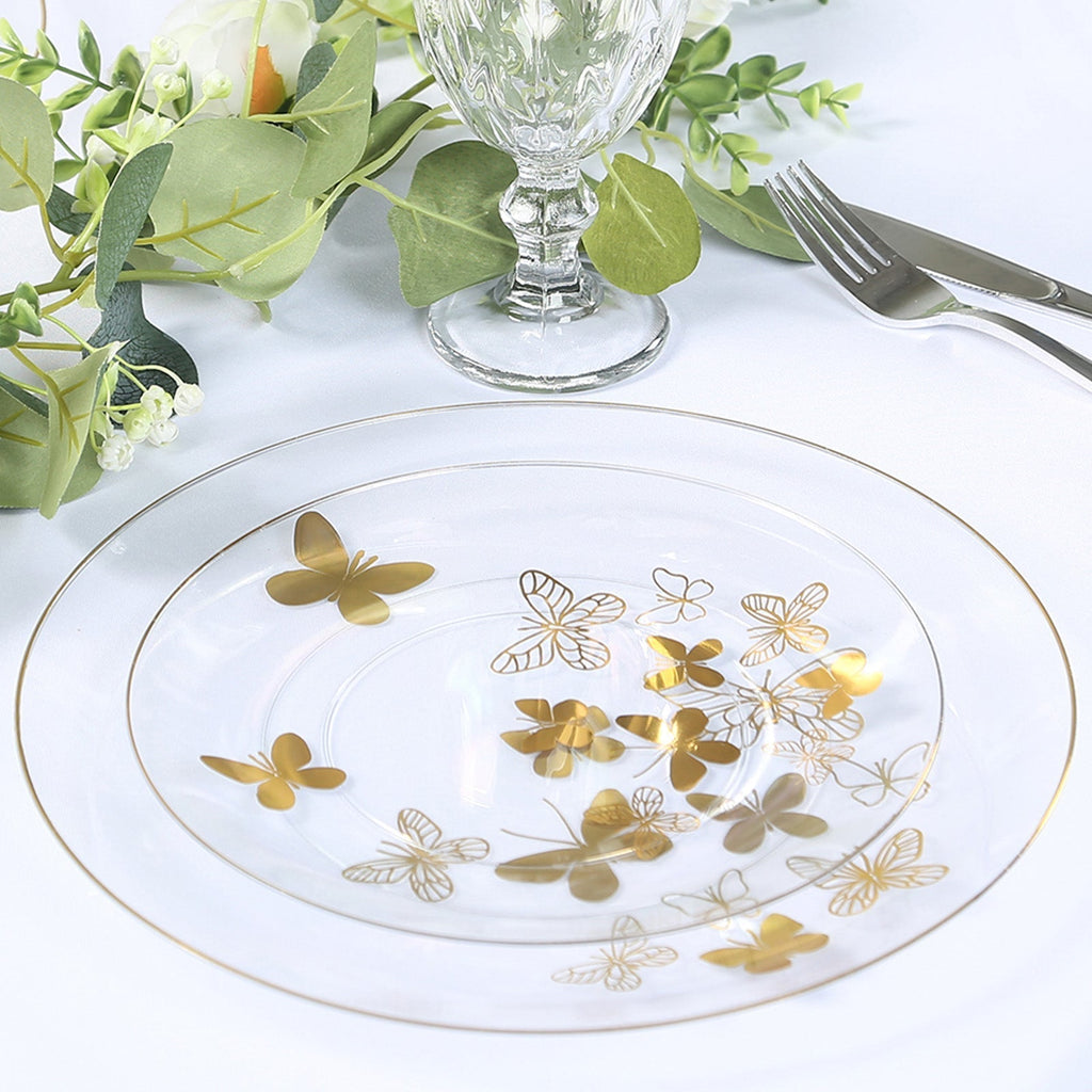 Set of 20 Plastic Round Dinner and Salad Plates in Clear with Gold Butterfly Design & Gold Rim - Stylish Disposable Dinnerware 8", 10" - Bell Racket Store