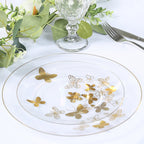Set of 20 Plastic Round Dinner and Salad Plates in Clear with Gold Butterfly Design & Gold Rim - Stylish Disposable Dinnerware 8", 10" - Bell Racket Store