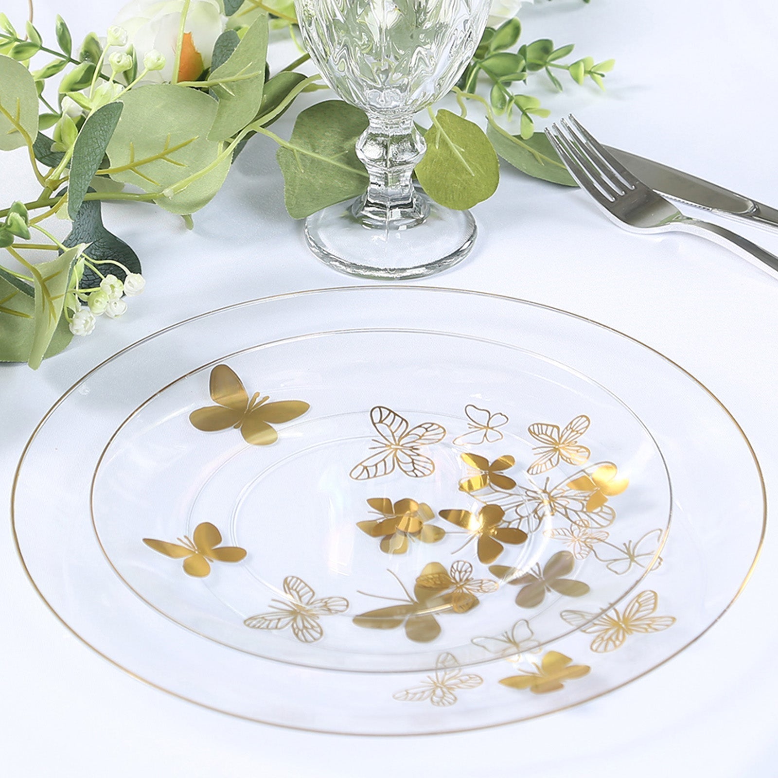 Set of 20 Plastic Round Dinner and Salad Plates in Clear with Gold Butterfly Design & Gold Rim - Stylish Disposable Dinnerware 8", 10" - Bell Racket Store