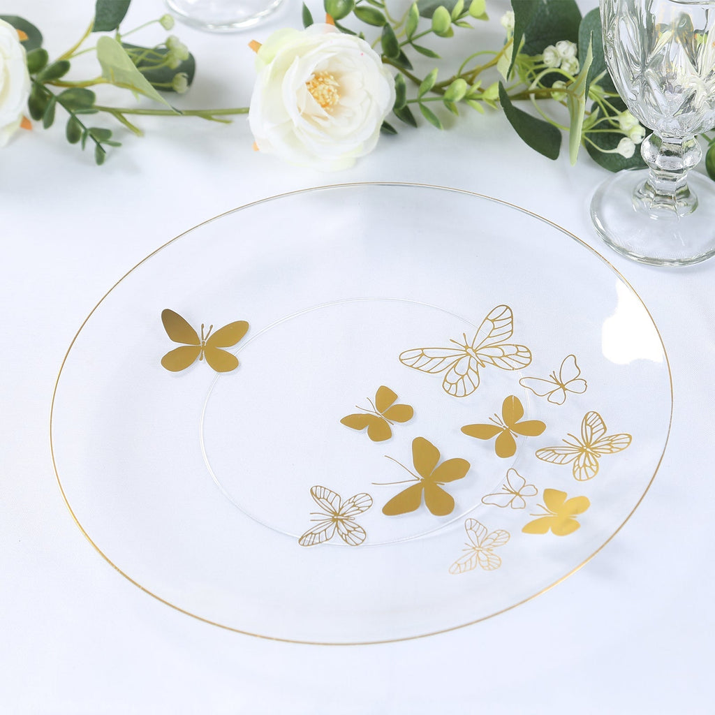Set of 20 Plastic Round Dinner and Salad Plates in Clear with Gold Butterfly Design & Gold Rim - Stylish Disposable Dinnerware 8", 10" - Bell Racket Store