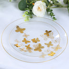 Set of 20 Plastic Round Dinner and Salad Plates in Clear with Gold Butterfly Design & Gold Rim - Stylish Disposable Dinnerware 8", 10" - Bell Racket Store