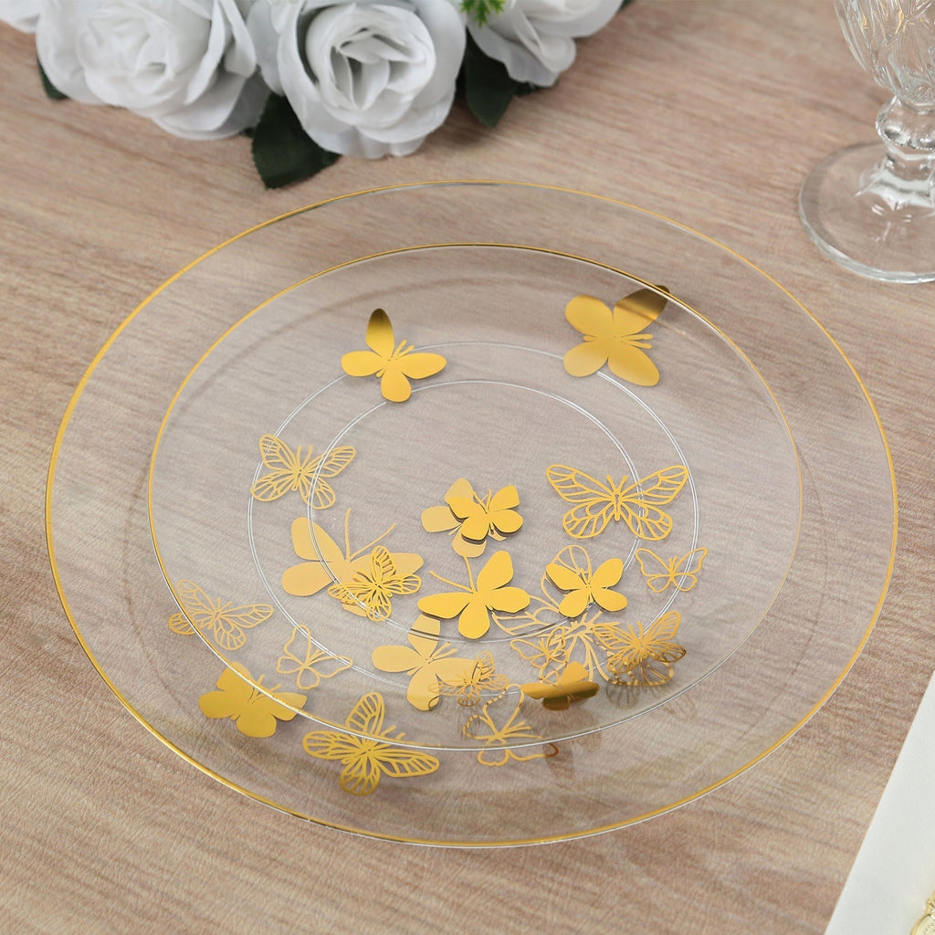 Set of 20 Plastic Round Dinner and Salad Plates in Clear with Gold Butterfly Design & Gold Rim - Stylish Disposable Dinnerware 8", 10" - Bell Racket Store