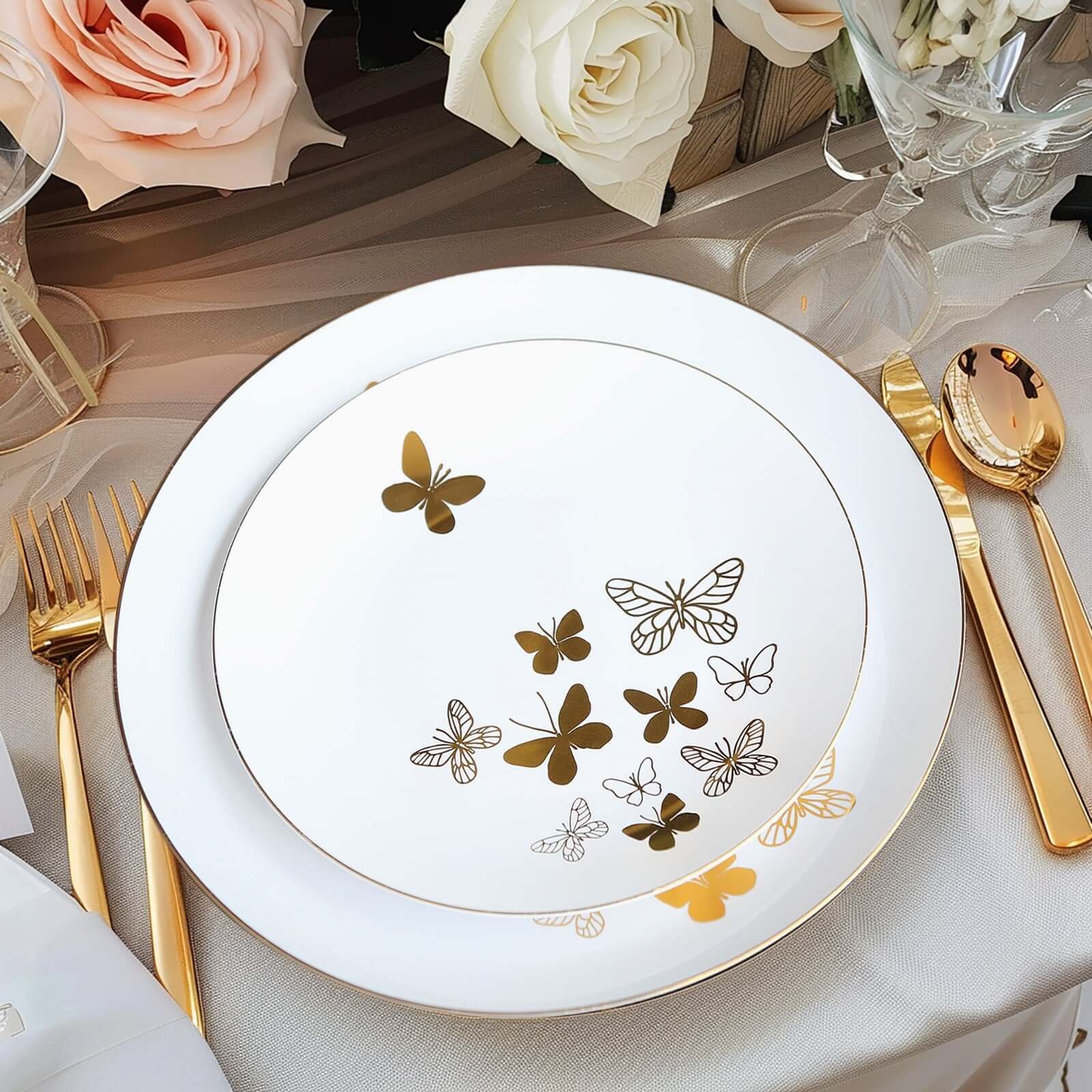 Set of 20 Plastic Round Dinner and Salad Plates in White with Gold Butterfly Design & Gold Rim - Stylish Disposable Dinnerware for Buffets & Catered Events 8", 10" - Bell Racket Store