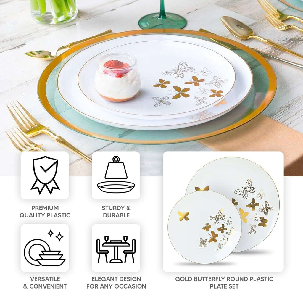 Set of 20 Plastic Round Dinner and Salad Plates in White with Gold Butterfly Design & Gold Rim - Stylish Disposable Dinnerware for Buffets & Catered Events 8", 10" - Bell Racket Store