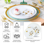 Set of 20 Plastic Round Dinner and Salad Plates in White with Gold Butterfly Design & Gold Rim - Stylish Disposable Dinnerware for Buffets & Catered Events 8", 10" - Bell Racket Store