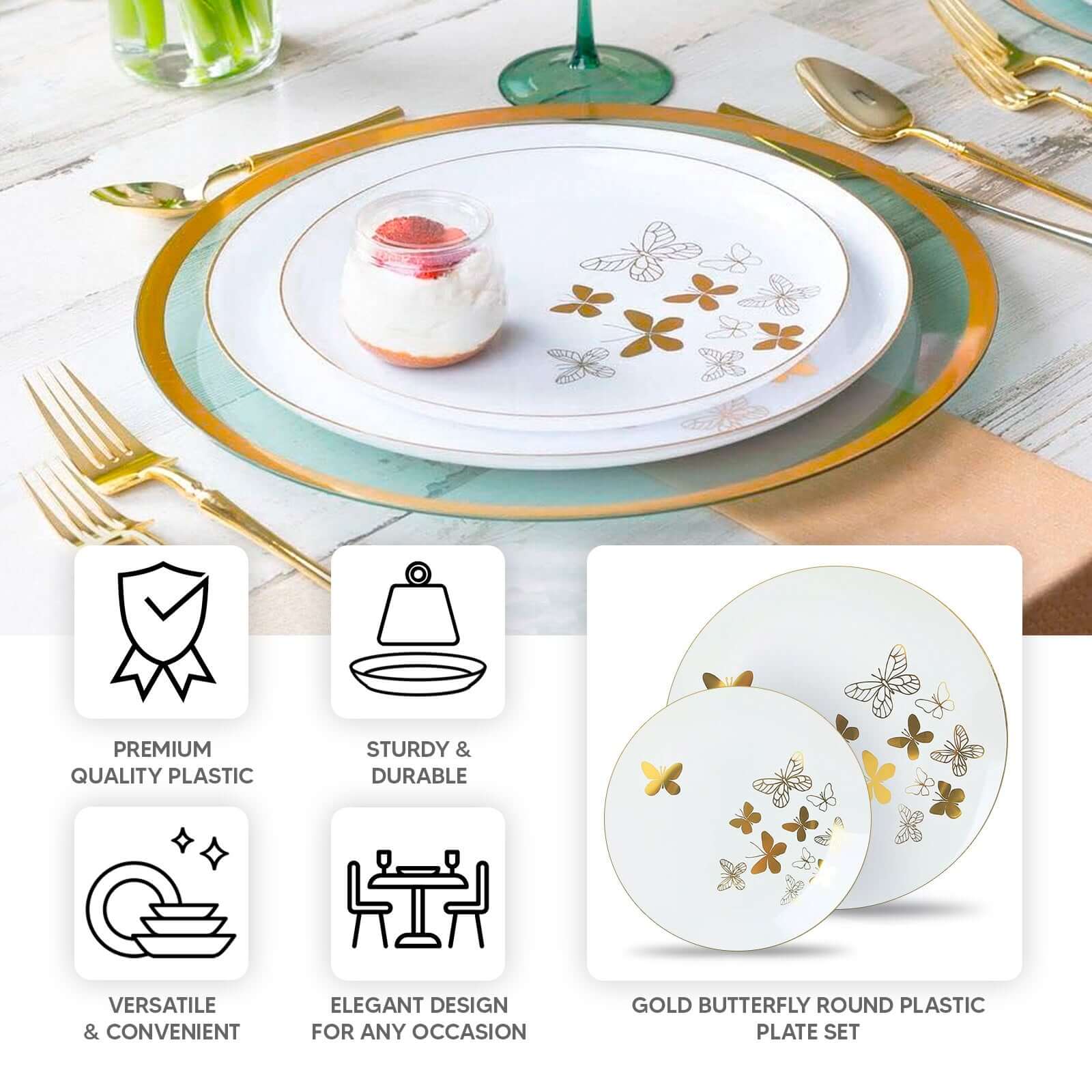 Set of 20 Plastic Round Dinner and Salad Plates in White with Gold Butterfly Design & Gold Rim - Stylish Disposable Dinnerware for Buffets & Catered Events 8", 10" - Bell Racket Store