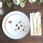 Set of 20 Plastic Round Dinner and Salad Plates in White with Gold Butterfly Design & Gold Rim - Stylish Disposable Dinnerware for Buffets & Catered Events 8", 10" - Bell Racket Store