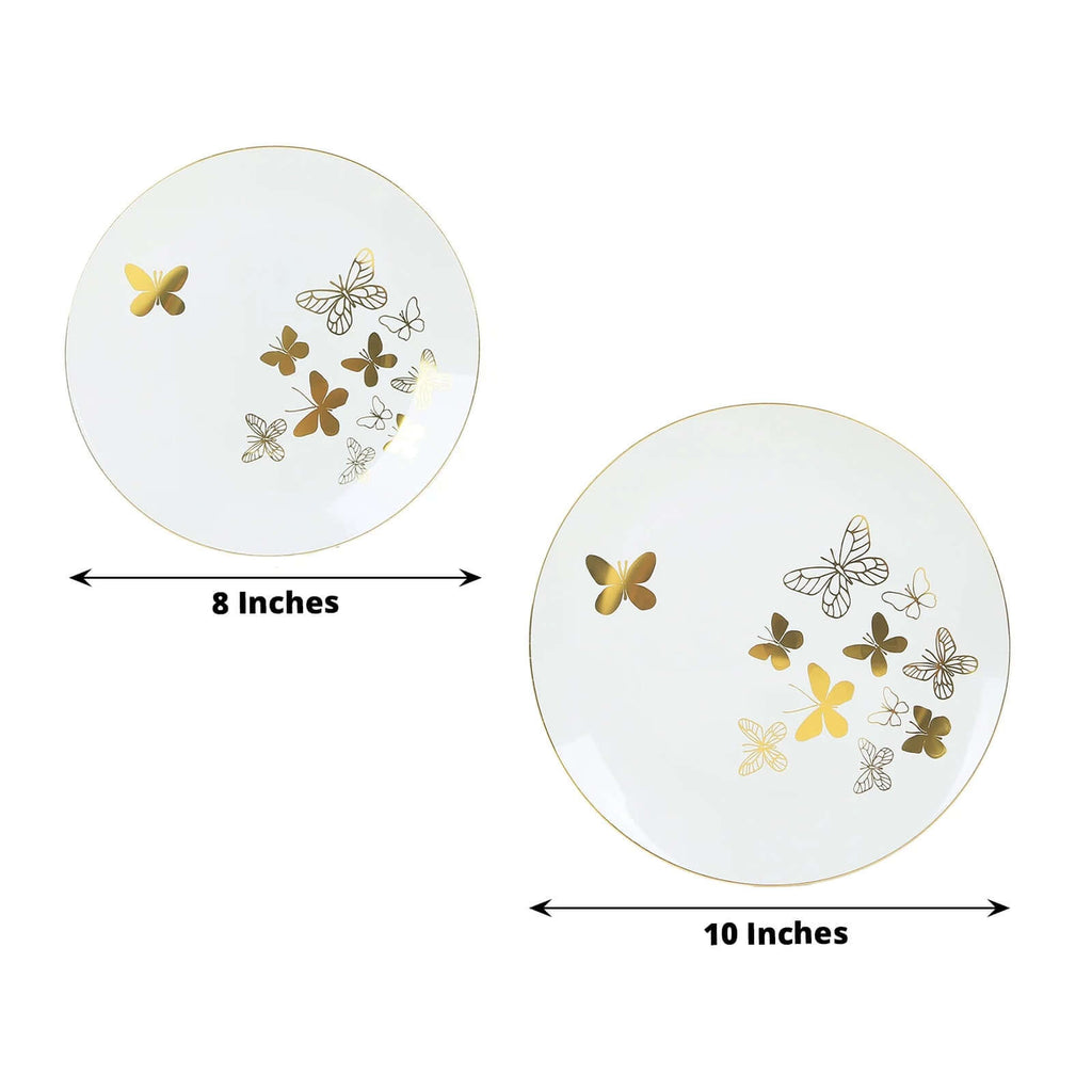 Set of 20 Plastic Round Dinner and Salad Plates in White with Gold Butterfly Design & Gold Rim - Stylish Disposable Dinnerware for Buffets & Catered Events 8", 10" - Bell Racket Store