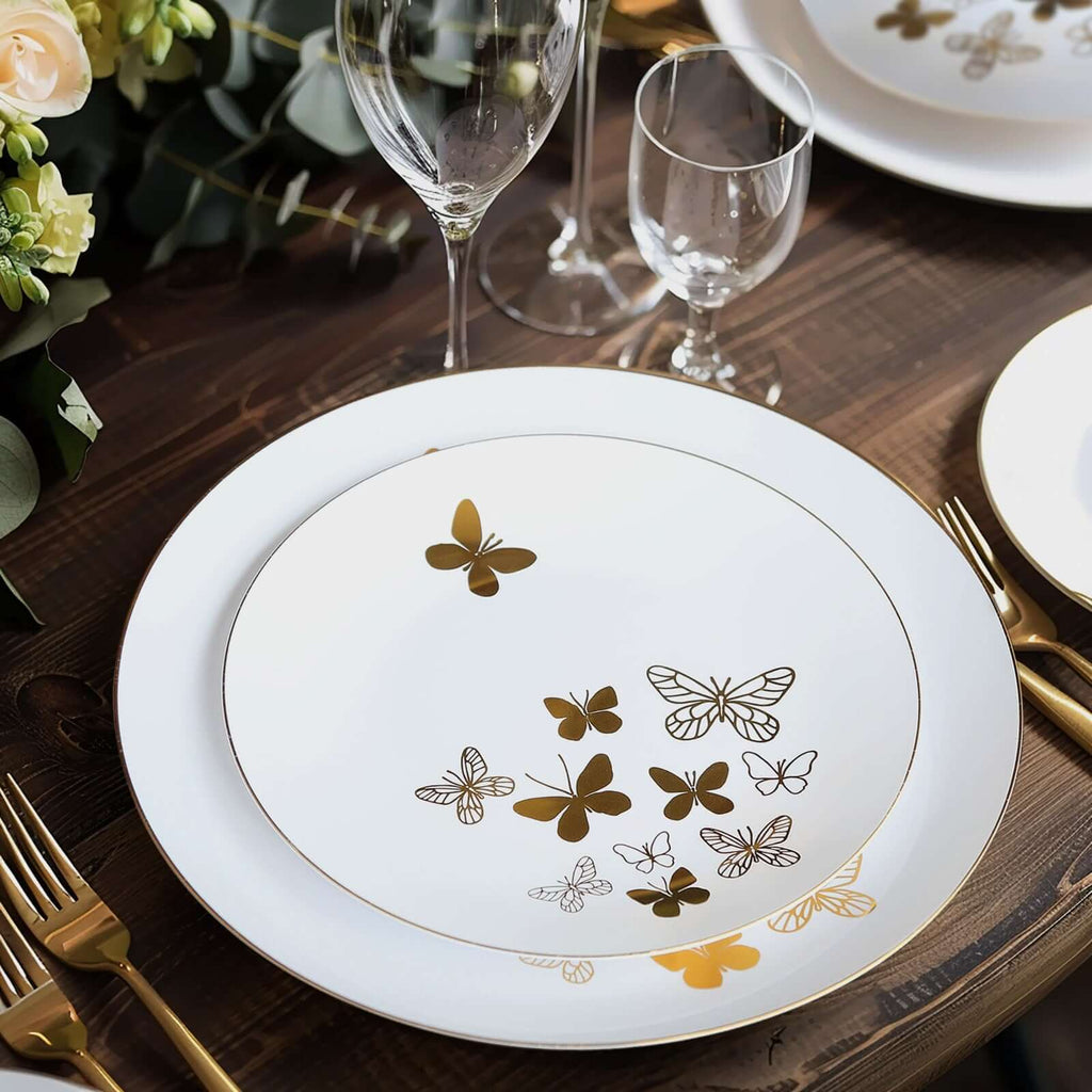 Set of 20 Plastic Round Dinner and Salad Plates in White with Gold Butterfly Design & Gold Rim - Stylish Disposable Dinnerware for Buffets & Catered Events 8", 10" - Bell Racket Store