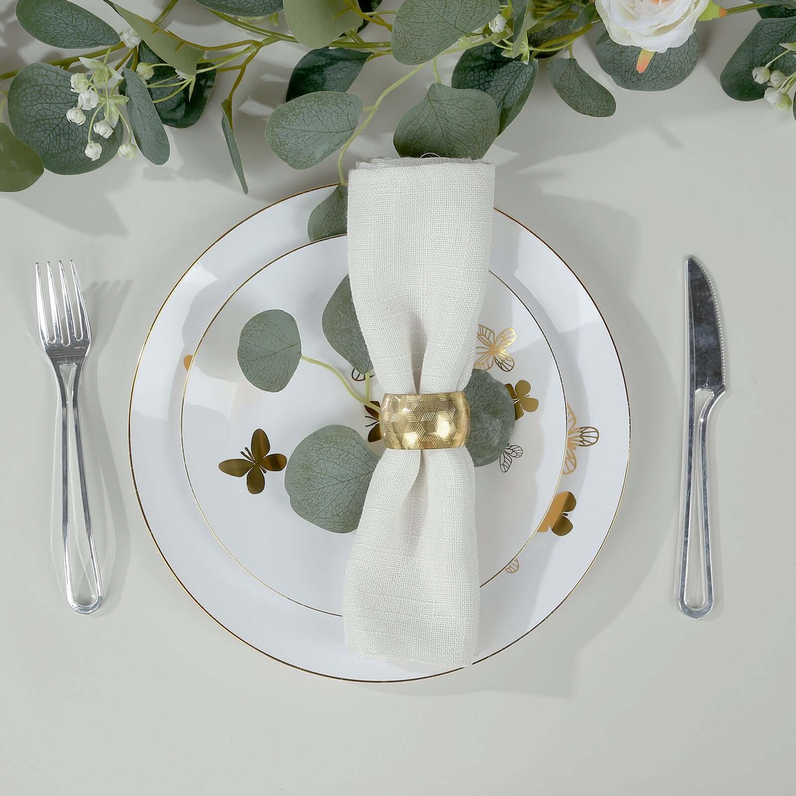 Set of 20 Plastic Round Dinner and Salad Plates in White with Gold Butterfly Design & Gold Rim - Stylish Disposable Dinnerware for Buffets & Catered Events 8", 10" - Bell Racket Store