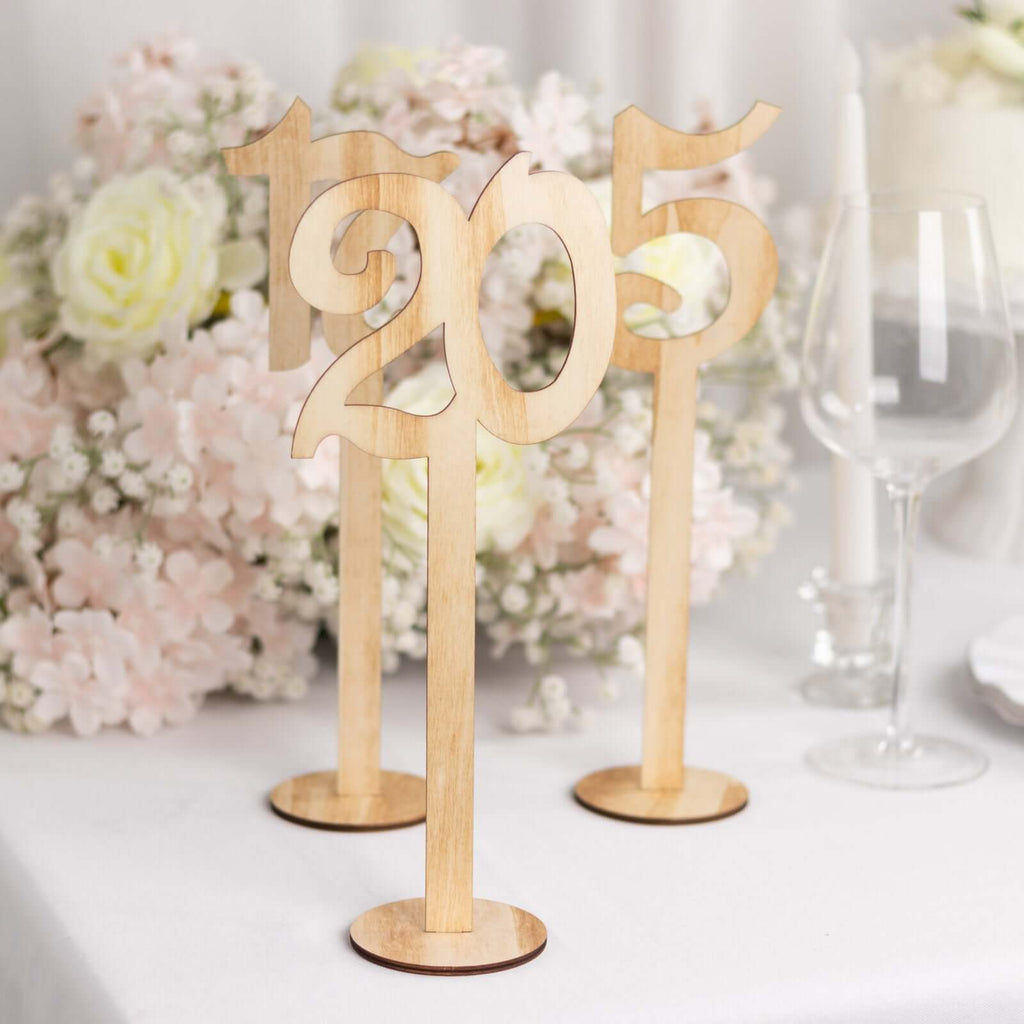 Set of 20 Wooden Wedding Table Numbers Natural 1 - 20 with Round Holder Base - Rustic Table Signs for Receptions 11" Tall - Bell Racket Store