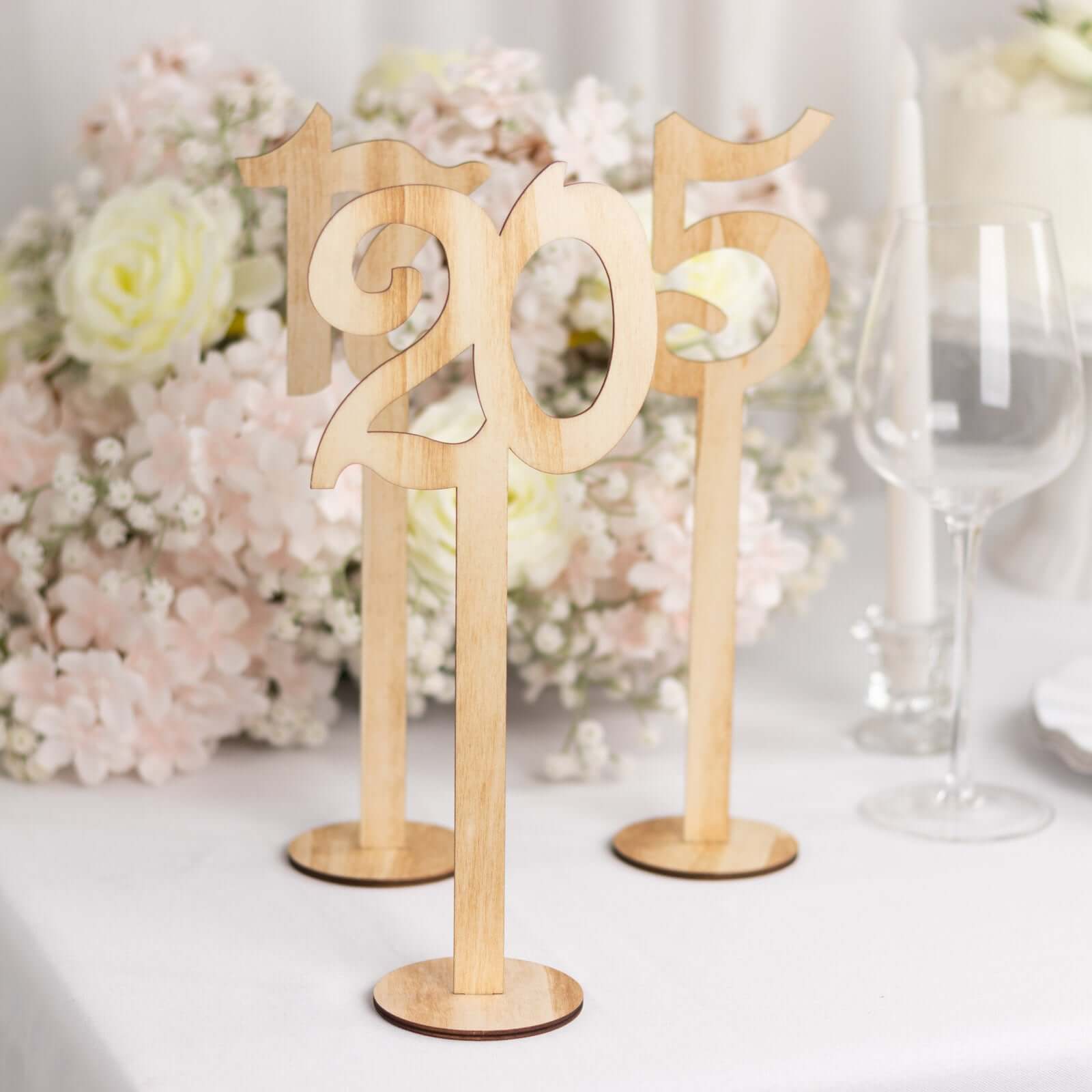 Set of 20 Wooden Wedding Table Numbers Natural 1 - 20 with Round Holder Base - Rustic Table Signs for Receptions 11" Tall - Bell Racket Store
