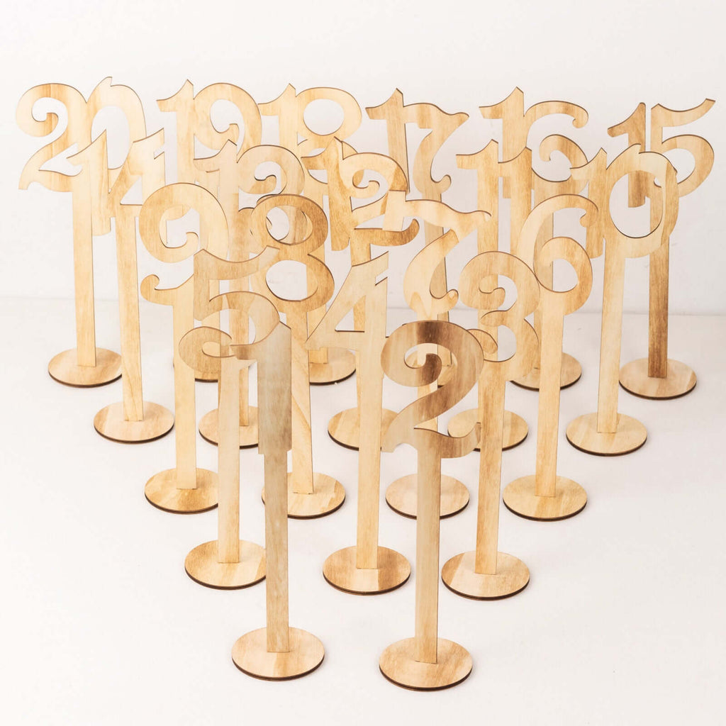 Set of 20 Wooden Wedding Table Numbers Natural 1 - 20 with Round Holder Base - Rustic Table Signs for Receptions 11" Tall - Bell Racket Store