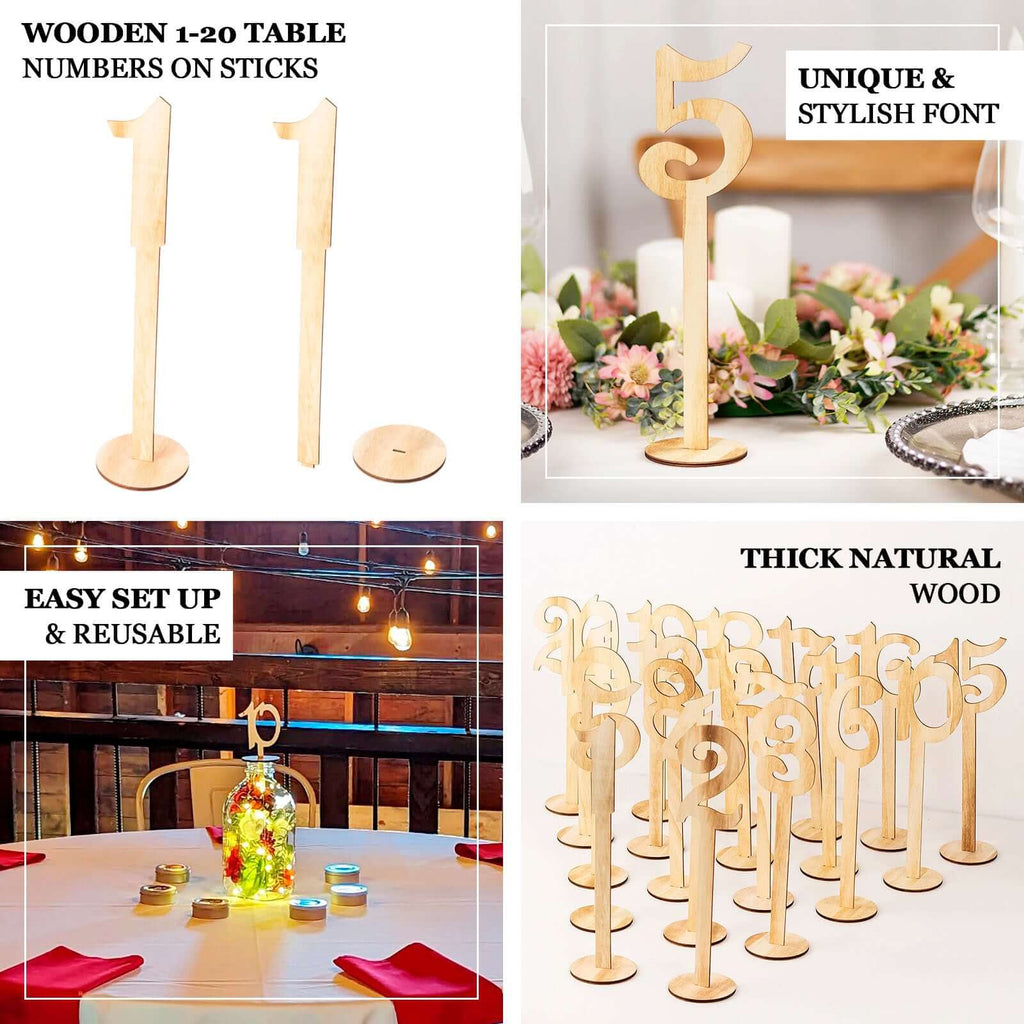 Set of 20 Wooden Wedding Table Numbers Natural 1 - 20 with Round Holder Base - Rustic Table Signs for Receptions 11" Tall - Bell Racket Store