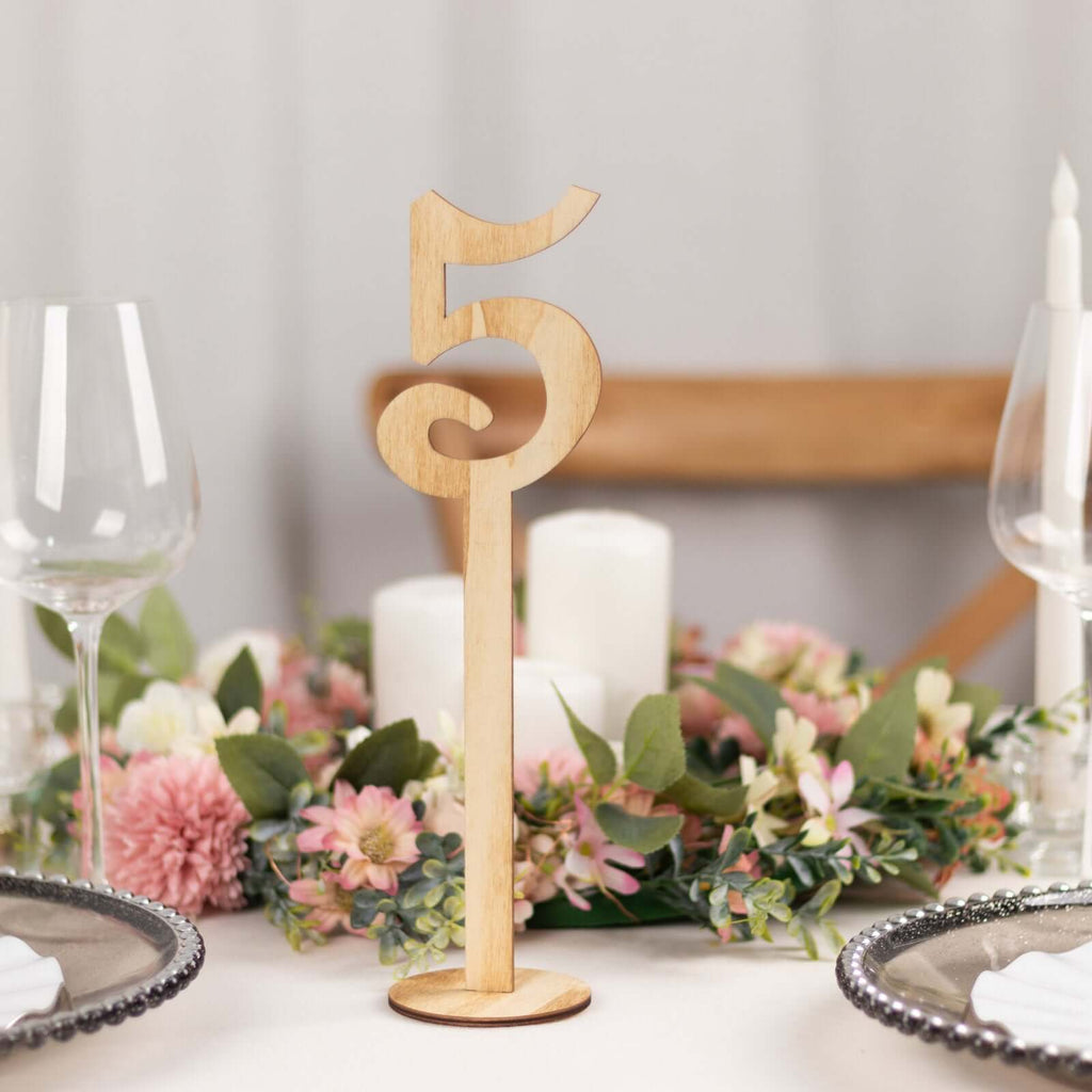 Set of 20 Wooden Wedding Table Numbers Natural 1 - 20 with Round Holder Base - Rustic Table Signs for Receptions 11" Tall - Bell Racket Store